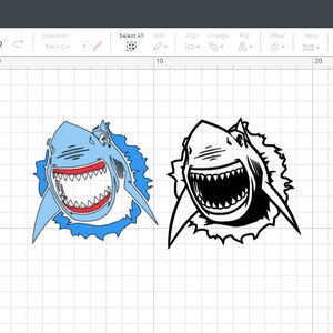 May include: A digital illustration of a shark with its mouth open, breaking through a wall. The shark is blue and red, and the wall is blue. There is a black and white version of the shark on the right side of the image.