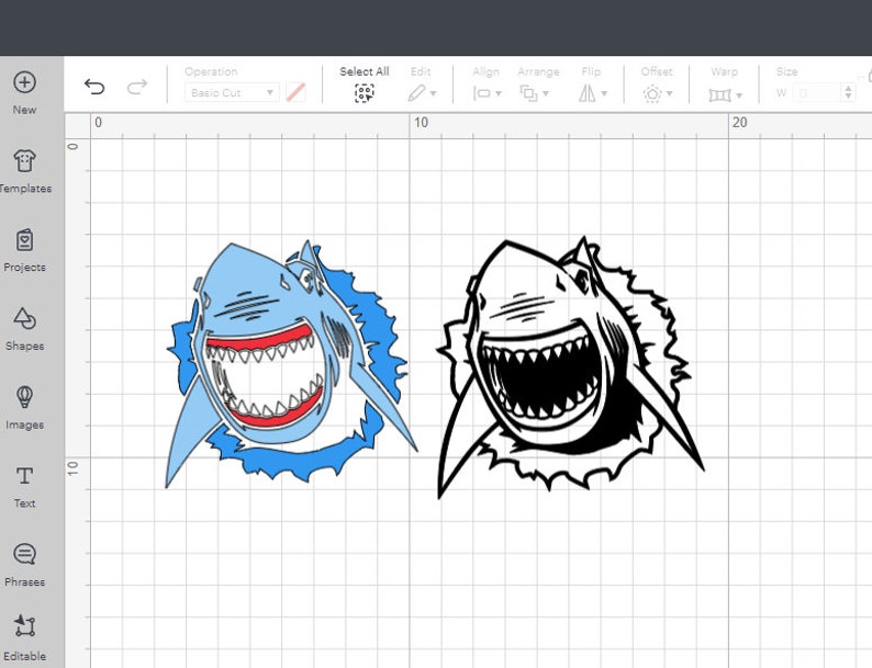 May include: A digital illustration of a shark with its mouth open, breaking through a wall. The shark is blue and red, and the wall is blue. There is a black and white version of the shark on the right side of the image.