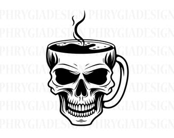 Skull Coffee Svg , Coffee Svg , Coffee Lover Svg , Caffeinated Svg , Death Drinking Coffee , Skeleton Svg , Skull Mug Svg