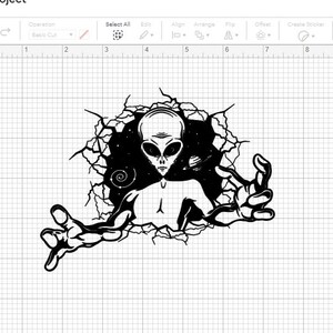 May include: A black and white illustration of an alien reaching out from a cracked wall. The alien has large eyes and a small mouth. The background is a dark space with stars.