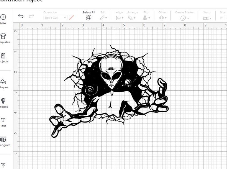 May include: A black and white illustration of an alien reaching out from a cracked wall. The alien has large eyes and a small mouth. The background is a dark space with stars.