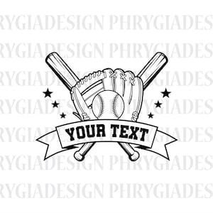 May include: Black and white illustration of a baseball glove, two crossed bats, and a baseball. A banner with the text "YOUR TEXT" is below the baseball glove and bats.