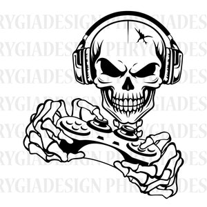 May include: Black and white illustration of a skull wearing headphones and holding a video game controller. The skull has a menacing expression and is wearing headphones with a microphone.