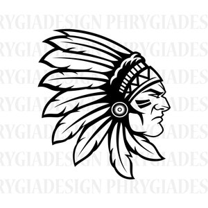 May include: Black and white illustration of a Native American man wearing a headdress with feathers. The man has a serious expression on his face.