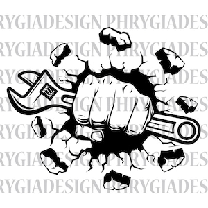 Könnte beinhalten: Eine Schwarzweißillustration einer Faust, die eine Wand durchbricht und einen Schraubenschlüssel hält. Der Schraubenschlüssel trägt die Aufschrift "TOOL".