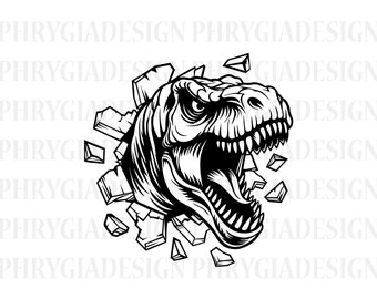 May include: A black and white illustration of a dinosaur's head breaking through a wall of shattered glass. The dinosaur has a fierce expression with its mouth open and teeth bared.