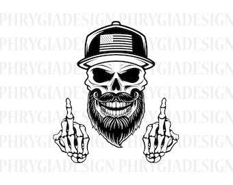 May include: Black and white illustration of a skull wearing a baseball cap with an American flag design. The skull has a beard and is giving the middle finger with both hands.