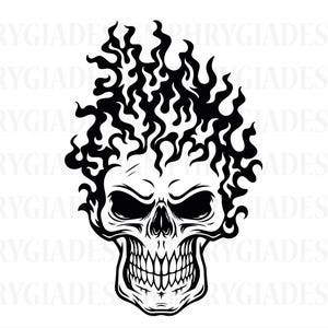 May include: Black and white illustration of a skull with flames for hair. The skull has a menacing expression with a wide, toothy grin.