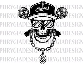 Rapper Skull Vector Art, Skeleton with Mic SVG PNG JPG