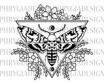 May include: Black and white illustration of a moth with a skull head, surrounded by flowers and leaves, inside a triangle.