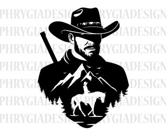 Escena de vaquero Svg , Vaquero Svg , Vaqueros en el desierto , Escena de montaña Svg , Western Svg , Silueta de vaquero , Salvaje Oeste Svg
