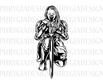 Knäböjande kvinnlig riddare Svg, krigare Svg, krigare knäböjande Svg, Guds rustning Svg, kristen Svg, digital nedladdning