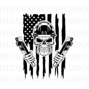 May include: Black and white illustration of a skull wearing a hard hat and holding two wrenches. The skull is in front of a distressed American flag.