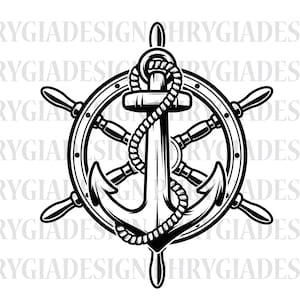 Peut inclure: Illustration en noir et blanc d'un motif nautique avec une ancre et une roue de navire. L'ancre est au centre, entourée d'une corde. La roue du navire a six rayons. Le motif est sur fond blanc, avec le texte "PHRYGIADESIGN" répété.