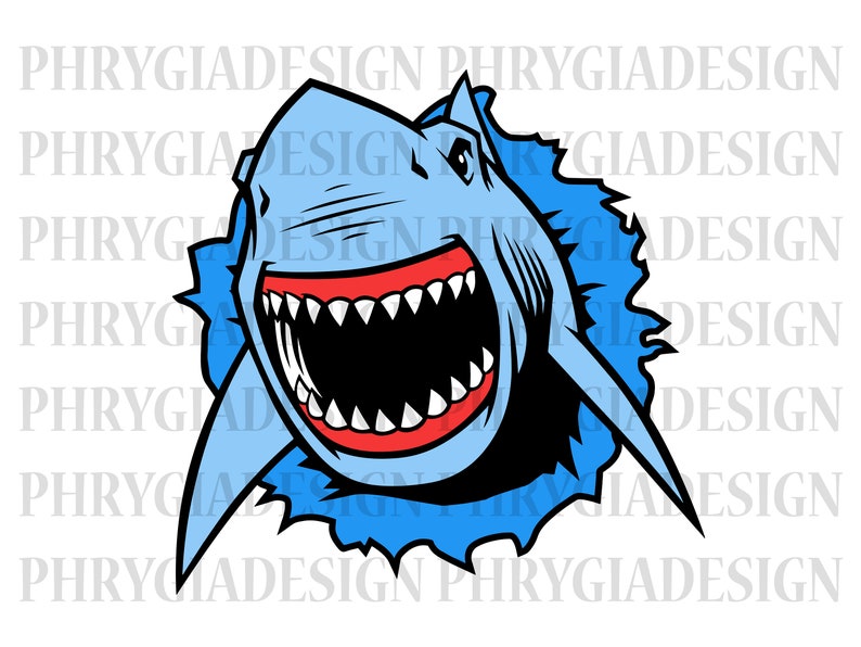 May include: A blue cartoon shark with a wide open mouth and sharp teeth is breaking through a blue wall. The shark's eyes are black and its mouth is red.