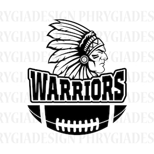 Op de afbeelding: Zwart-witte illustratie van een indiaan met een hoofdtooi en een voetbalhelm met het woord "WARRIORS" erboven.