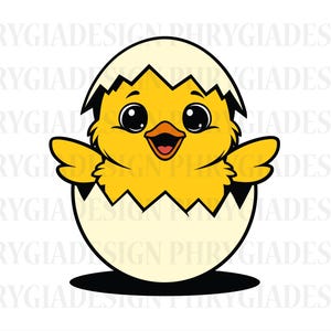 May include: A cartoon illustration of a yellow chick hatching from a white egg. The chick has a happy expression with its beak open and wings spread. The eggshell is cracked open, and the chick is emerging from it.