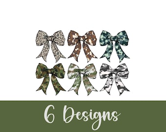 May include: Six different designs of camouflage patterned bows. The bows are in various shades of green, brown, and black.