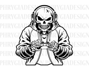 Skeleton Playing Video Games Svg , Video Game Skull Svg , Gamer Skull Svg , Gamer Svg , Video Game , Gaming Svg , Skull With Headphones