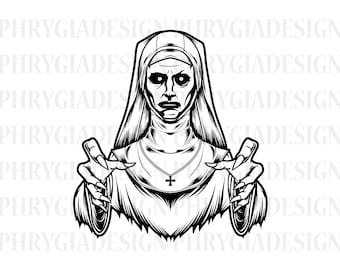 May include: Black and white illustration of a nun with a cross necklace and long, sharp fingernails. Her face is contorted in a menacing expression.