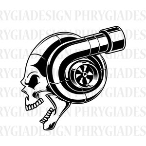 May include: Black and white illustration of a skull with a turbocharger attached to the side of its head.