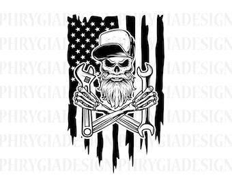 US Skull Mechanic Svg Png , Repair Svg , Skull Svg , Wrenches Svg , Tools Svg , Bearded Skull Svg , Digital Download , Instant Download