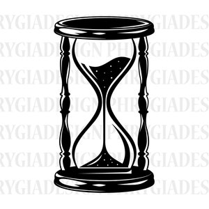 May include: Black and white hourglass illustration. The hourglass has a round top and bottom, connected by a narrow center. The sand is visible inside the glass. The design is a classic symbol of time.