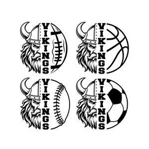 Peut inclure: Un ensemble de quatre motifs graphiques en noir et blanc représentant une tête de Viking divisée verticalement avec le mot VIKINGS écrit en lettres capitales grasses. Chaque motif associe le Viking à un ballon de sport différent : football, basket, baseball et football.