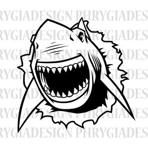 May include: A black and white illustration of a shark's head bursting through a torn piece of paper. The shark has a wide open mouth with sharp teeth and a menacing expression.