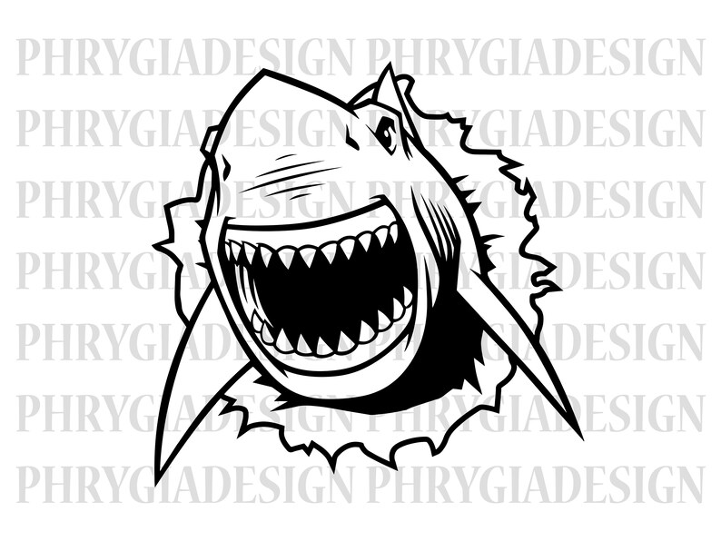 May include: A black and white illustration of a shark's head bursting through a torn piece of paper. The shark has a wide open mouth with sharp teeth and a menacing expression.