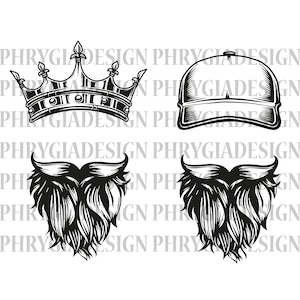 May include: A black and white illustration of a crown, a baseball cap, and a beard. The crown has a pointed top and is decorated with jewels. The baseball cap has a curved brim and is plain. The beard is full and bushy.