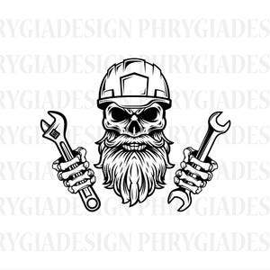 May include: Black and white illustration of a skull wearing a hard hat and holding two wrenches. The skull has a beard.