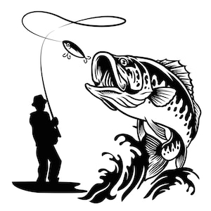 Puede incluir: Ilustración en blanco y negro de un pescador que pesca un black bass. El black bass está saltando fuera del agua con la boca abierta. El pescador está de pie en un barco con una caña de pescar en la mano.