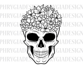 Teschio floreale in formato Svg, teschio in formato Svg, teschio fiore in formato Svg, clip art teschio fiore, teschio di zucchero in formato Svg, vettore teschio, corona di fiori teschio, teschio Png