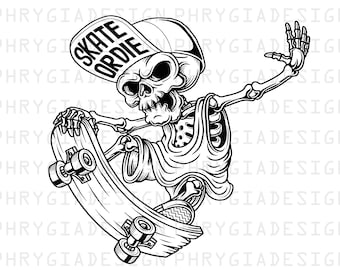 スケルトン スケートボード SVG PNG、スケーター スカル スケート オア