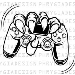 Puede incluir: Una ilustración en blanco y negro de un mando de videojuego que está siendo sostenido por una garra con uñas afiladas. El mando tiene un diseño en blanco y negro con botones y una almohadilla direccional.