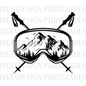 Könnte beinhalten: Schwarz-weiß-Illustration einer Skibrille mit einer Bergszene im Inneren. Zwei Skistöcke sind hinter der Brille gekreuzt.