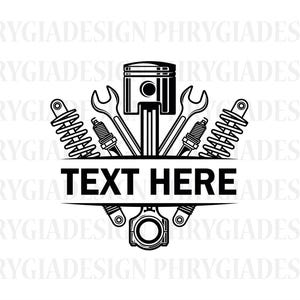 May include: Black and white silhouette of a car engine piston, wrenches, spark plugs, and coil springs. The text "TEXT HERE" is displayed on a banner.
