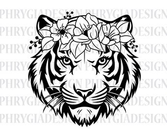 Tiger Svg , Floral Tiger Svg , Tiger With Flowers Svg , Tiger Face Svg , Floral Animal Svg , Wild Tiger Svg , Floral Crown , Tiger Png