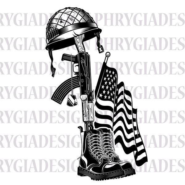 Fallen Soldier Tribute Svg Png , Veteran Soldier Svg , Military Boots Svg , US Army Svg , Dog Tag Svg , Gun Helmet Svg , USA Flag Svg