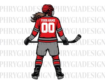 Girl Hockey Player Svg , Female Hockey Player , Custom Name And Number , Ice Hockey Svg , Hockey Clipart , Personalized Girl Hockey Player