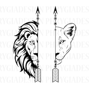 矢印ライオンカップル SVG、半分のライオンの顔 SVG、雄雌のライオンの頭 SVG、ボヘミアンライオン SVG、ライオン SVG、雄ライオン SVG、矢印カップル SVG