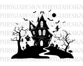May include: Black and white silhouette of a spooky haunted house with a winding path leading up to the front door. There are trees, a ghost, an owl, a witch flying on a broomstick, a spider web, and a jack-o-lantern in the scene.