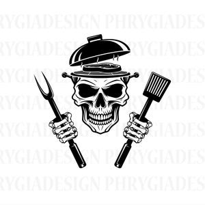 Może przedstawiać: Czarno-biała ilustracja czaszki z pokrywą grilla na głowie. Czaszka trzyma szpatułkę i widelec do grillowania.