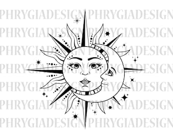 Sun And Moon Svg , Celestial Svg , Moon Phases , Mystical Svg , Sun Face  , Sun Svg , Moon Svg , Digital Download , Instant Download