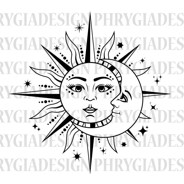 Sol y luna Svg , Celestial Svg , Fases de la luna , Mystical Svg , Sun Face , Sun Svg , Moon Svg , Descarga digital , Descarga instantánea