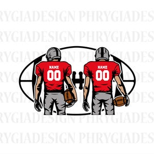 May include: Two red and white football jerseys with the word "NAME" and the number "00" on the back. The jerseys are worn by two football players standing back to back in front of a football field.