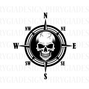 May include: Black and white compass with a skull in the center. The compass points north, south, east, and west.