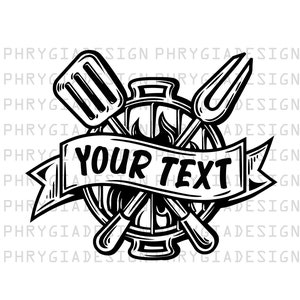 Może przedstawiać: Czarno-biała ilustracja grilla z łopatką i widelcem skrzyżowanymi. Baner z tekstem "YOUR TEXT" jest owinięty wokół grilla.