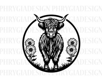 Highland Cow With Sunflowers Svg Png , Cow Clipart , Highland Cow Vector , Cow Silhouette , Sublimation Design, Farm Animal Svg , Cow Svg